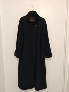 Vintage Aquascutum Wool Coat Full Length Navy Brown Faux Fur Collar & Cuffs - Picture 1 of 10