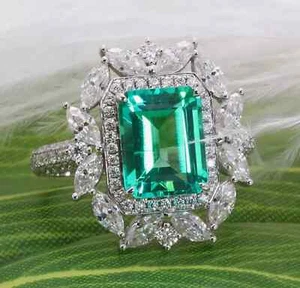 3.20 Ct Natural Emerald & Diamond Engagement Ring 14K Solid White Gold Size 6.5 - Picture 1 of 12