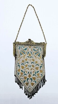 Mesh Purse Mandalian Enamel Art Deco Flapper Antique Gold Brass Tone w Fringe - Image 1 of 4