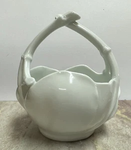 GIRAUD LIMOGES FRANCE Green Stamp Porcelain White Handle Basket Bowl Lotus Petal - Picture 1 of 4