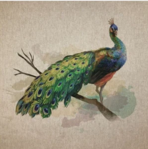 Paneles de cojín de tela rica en algodón de aspecto de lino animal pavo real criatura rural - Imagen 1 de 2