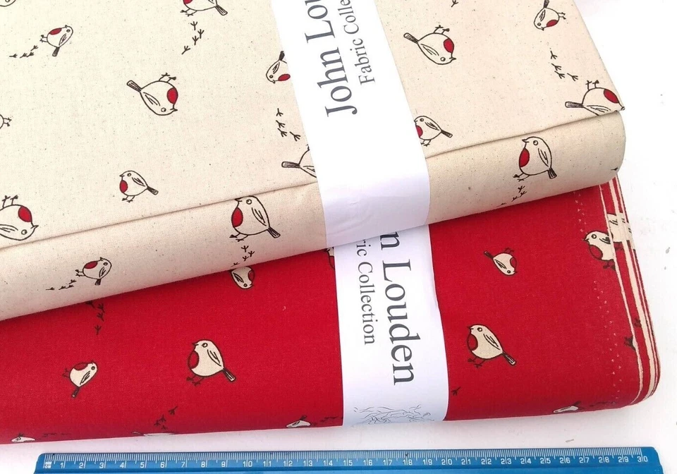 JOHN LOUDEN ROBIN CHRISTMAS FABRIC RED CREAM SEWING FABRIC OFF THE ROLL MATERIAL