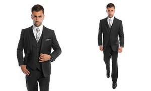 Men's 3 piece Suit Black 2 Button Wedding Solid Classic Fit With Vest and Pants - Picture 1 of 7