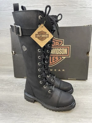 Harley Davidson Savannah Black Leather Women's 5.5 Lace Up Riding Combat Boots - Image 1 of 4