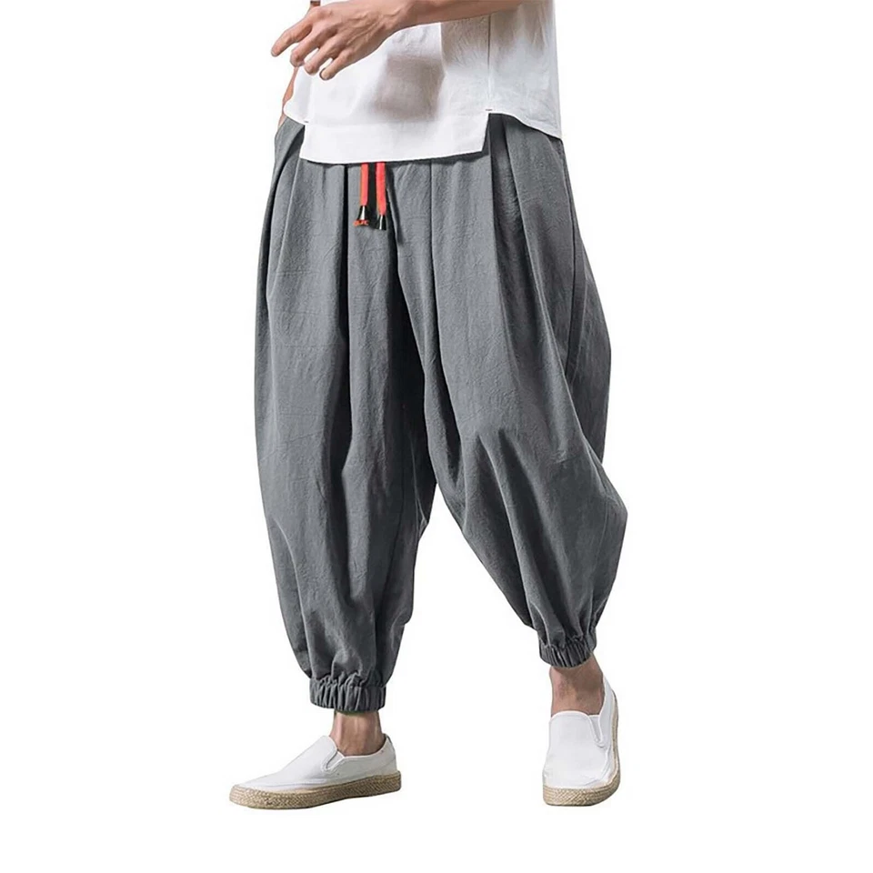 Men Harem Pants Casual Elastic Waist Hippie Bottoms Pant Baggy Wide Leg Trousers - Image 1 of 4