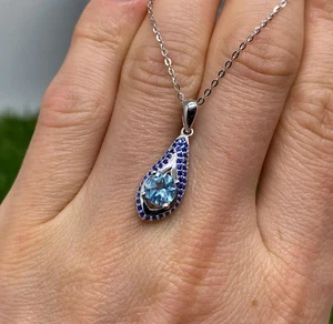 Topaz Sky blue natural gemstone Necklace, Sterling silver 925, 18 Inches - Picture 1 of 4
