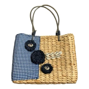 Woven Straw Tote Bag – Blue Gingham & Shell Embellishment – Coastal Boho Style - Picture 1 of 12