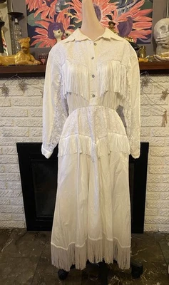 80s Vintage White Sas'sa Western Cowgirl Rodeo Dress Fringe & Lace Size M 9-10 - Image 1 of 4