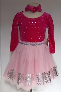 Young Hearts 2 Pc Pink LS Silver Snowflake Winter Christmas Dress and Headband 6 - Picture 1 of 3