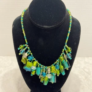 LANE BRYANT Art Glass Blue Green Fringe Beaded Necklace Bright Summer Beach - Picture 1 of 12