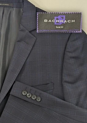 Bachrach Blazer Sport Coat Two Button Sports Suit Jacket 44R Blue Slim Fit Plaid Foto 1 de 4