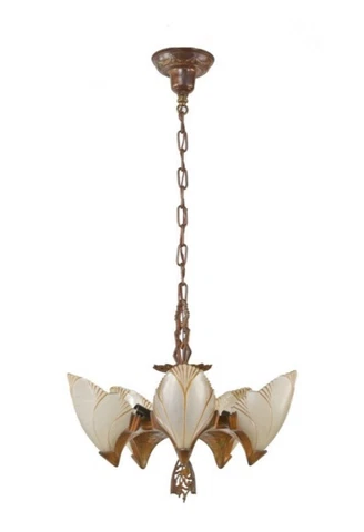Antique 1930’s Art Deco Slip Shade Candelier Light Fixture 5 Light Bat Wing Cover