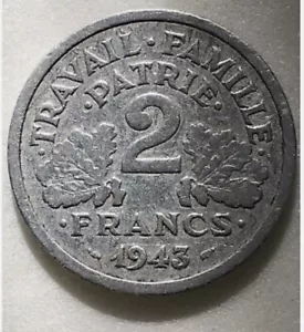 France 2 francs 1943 Aluminium pièce de monnaie française - Imagen 1 de 2