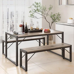 45.5" Dining Table Set for 4 with 2 Benches, Kitchen Table Set with Metal Frame - Picture 1 of 9