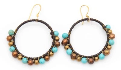 Pendientes de aro artesanales de plata de ley de 1,5" turquesa y perlas marrones joyería boho Foto 1 de 2