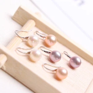 Z02 Earrings Purple Freshwater Pearls 8 MM Sterling Silver 925 - Imagen 1 de 5