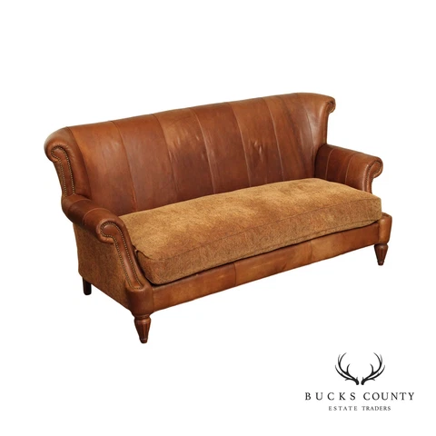 Traditional Brown Leather and Paisley Upholstered Sofa Cover