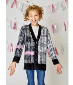 Design History Girls Large(10-14) Plaid Grey Black Fuzzy Knit Cardigan - Picture 1 of 7