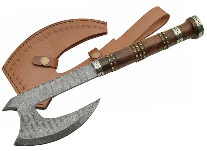 Hacha vikinga de acero Damasco | Cabeza barbuda mango de madera rosa + funda de cuero Foto 1 de 1