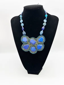 Nakamol Beaded Collar Bib Blue Statement Necklace Stone Glass Rhinestones NWT - Picture 1 of 7