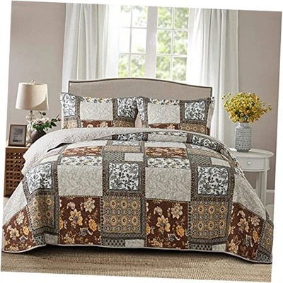  Cotton Bedspread Quilt Sets-Reversible Patchwork Coverlet Set, Chic King Brown - Image 1 of 4