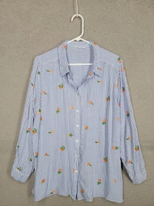 Jane & Delancy Citrus Embroidered Striped Button Up Blouse 2XL Roll Tab Sleeves - Picture 1 of 8