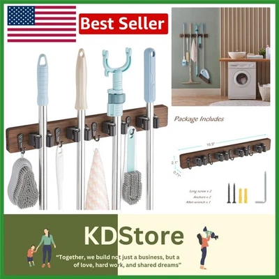 Настенный органайзер для метлы и швабры в деревенском стиле с крючками и прорезями - Изображение 1 из 4