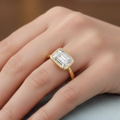 Помолвочное кольцо с одним бриллиантом IGI 3 карата выращенный в лаборатории изумруд восток-запад 14 карат YG - Изображение 1 из 4