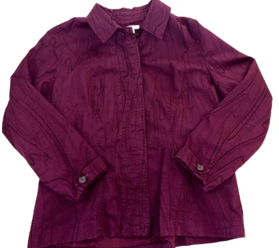 Coldwater Creek Cotton Embroidered Jacket Womens Burgandy Purple Button Up SZ 16 - Image 1 of 4