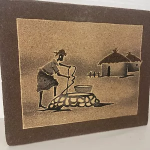 African Sand Painting On Wood Scenic Tribal Village 10x12” Folk Art Vintage - Picture 1 of 10