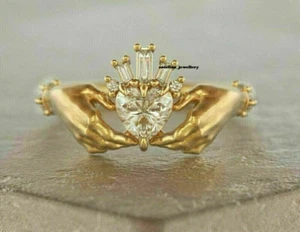 Claddagh Wedding Ring 14K Yellow Gold Plated 2Ct Heart Cut Lab Created Diamond - Picture 1 of 6