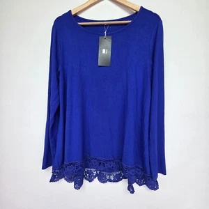 JWD Women's XL Top Long Sleeve Lace Trim Boat Neck Tunic Blouse Blue Stretch NWT - Picture 1 of 7
