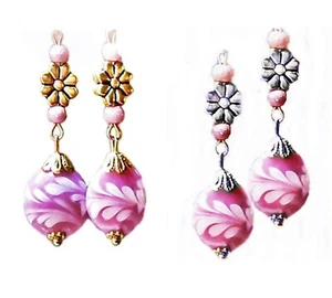 Earrings Pink, Lampwork, long drop, choose clip on or pierced - Foto 1 di 3