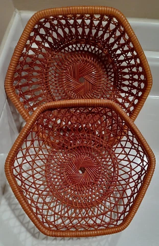 Set Of 2 Vintage Hexagon Nesting Fine Woven Wicker Baskets Brown Stacking Cover