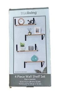 TrueLiving 4 Piece Wall Shelf Set Black Brackets Woodgrain Shelves Home Decor - Picture 1 of 5