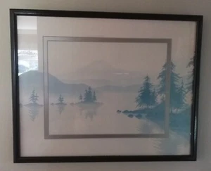 1 PR 2 x SIMILIAR MATCHING WOOD FRAMED GLAZED SILHOUETTE PICTURES OF LAKE SCENES - Picture 1 of 2