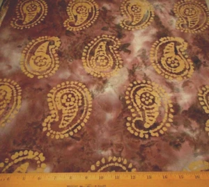 Batik Fabric By The Half-Yard Tan Paisley on Dusty Purple & Lt Blue Cotton #12M - Picture 1 of 2