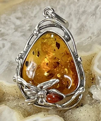 NEW Sterling Silver Spider Pendant w/ Genuine Baltic Amber Gemstone 925- 3.6g - Image 1 of 4