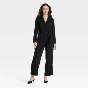 Women's Long Sleeve Wrap Front Jumpsuit - A New Day Black XS - Picture 1 of 5