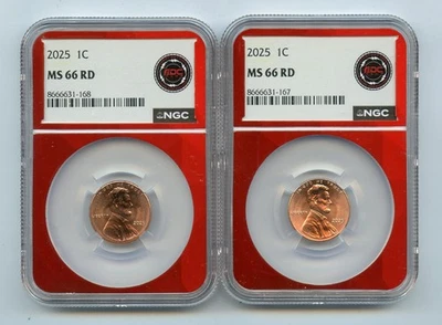 2 x 2025 Lincoln Shield Cent 1c NGC MS66 RD EDC Red Core - Image 1 of 2