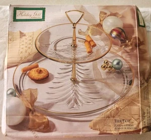 New Indiana Glass Holiday 2 Tier Tray Server Trimmed In Gold - Picture 1 of 4