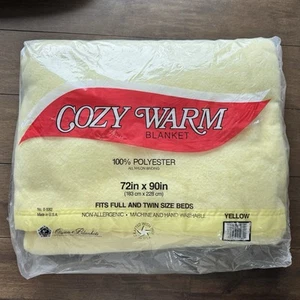 Vtg 70's COZY WARM Satin Trim Polyester Blanket Bright Yellow 72''x90" USA NOS - Picture 1 of 6