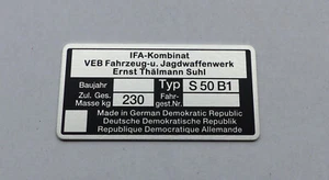 Typenschild Simson S50 B1 Plakette 230kg IFA VEB, blanko - Bild 1 von 1