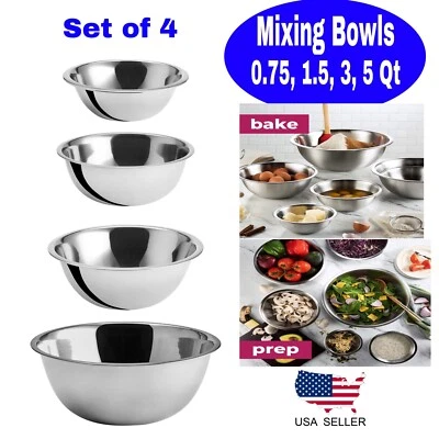 Stainless Steel Mixing Bowls Set of 4 Bowl 0.75, 1.5, 3, 5 Qt Cooking Prepping