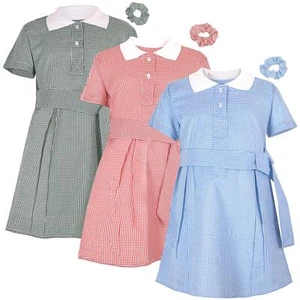 Kinder Mädchen Gingham Schulkleid kariert Gürtelkleider mit passenden Scrunchies - Bild 1 von 4