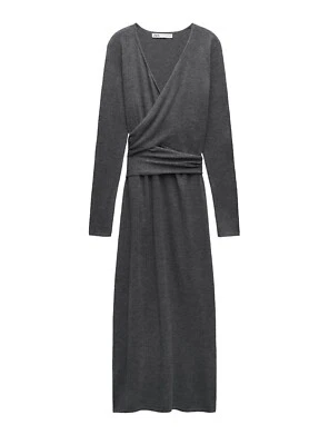 Zara Wool Blend Knit Wrap Midi Dress Gray Light Knit Size Medium NWOT - Image 1 of 4