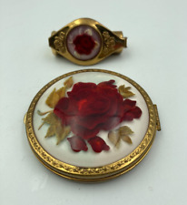 Jewel Crest Lucite Rose Brass Powder Compact & Lipstick Holder
