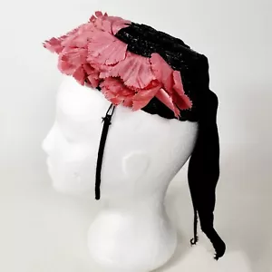 Cappello berretto donna pillola floreale nero e rosa vintage - Foto 1 di 9