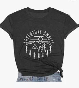 Adventure Awaits Women's Graphic T-Shirt Athletic Cmaping Hiking Short Sleeve- L - Picture 1 of 1