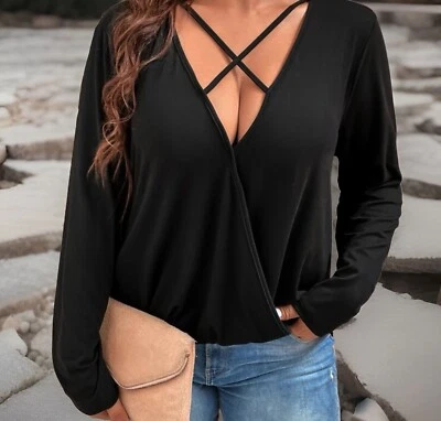 Blusa ANGIE para mujer pequeña negra manga larga cruzada cuello en V profundo envolvente top nueva con etiquetas Foto 1 de 4